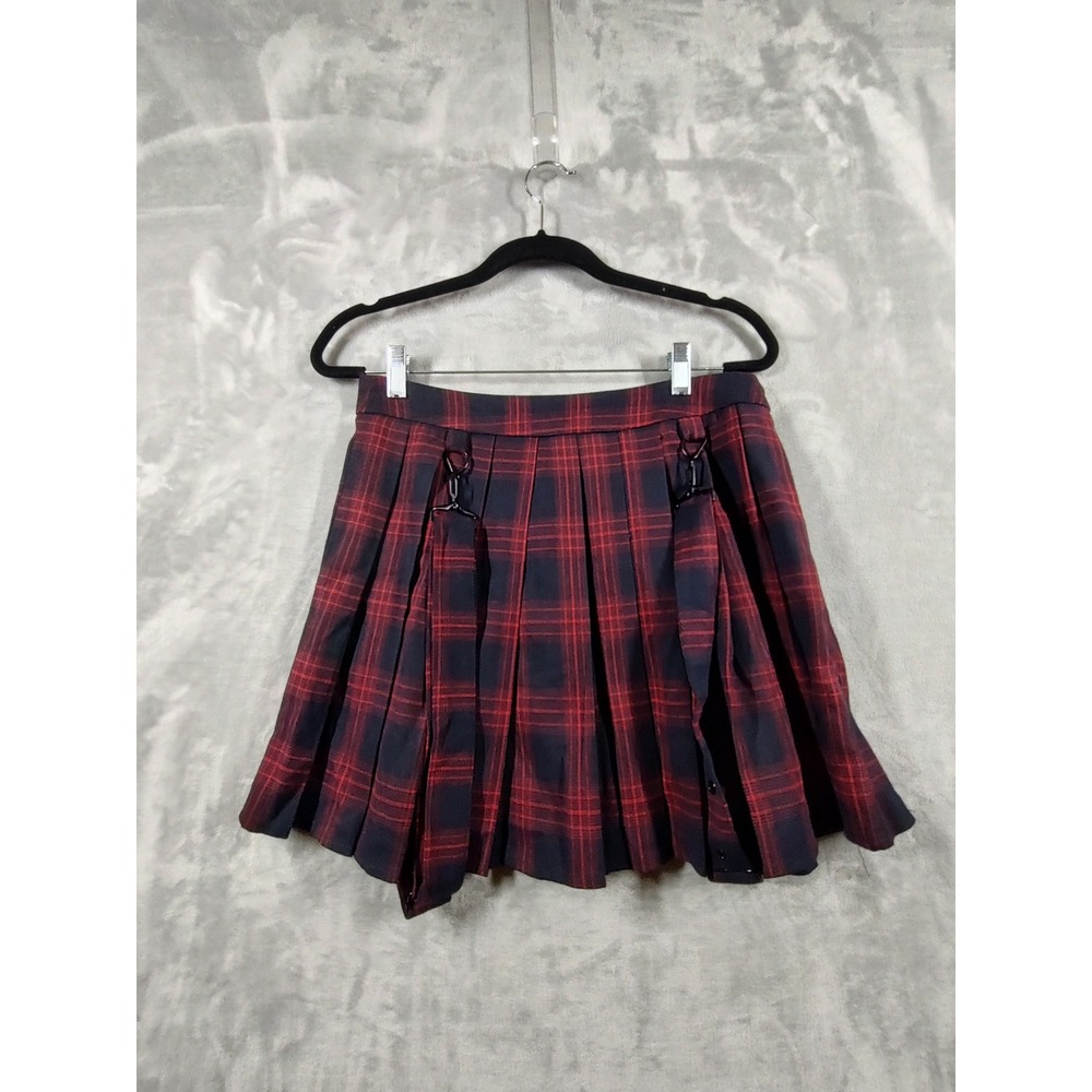 Chouyatou Red Black Plaid Pleated Mini Skirt Punk Gothic Harness Straps Small - Picture 2 of 10